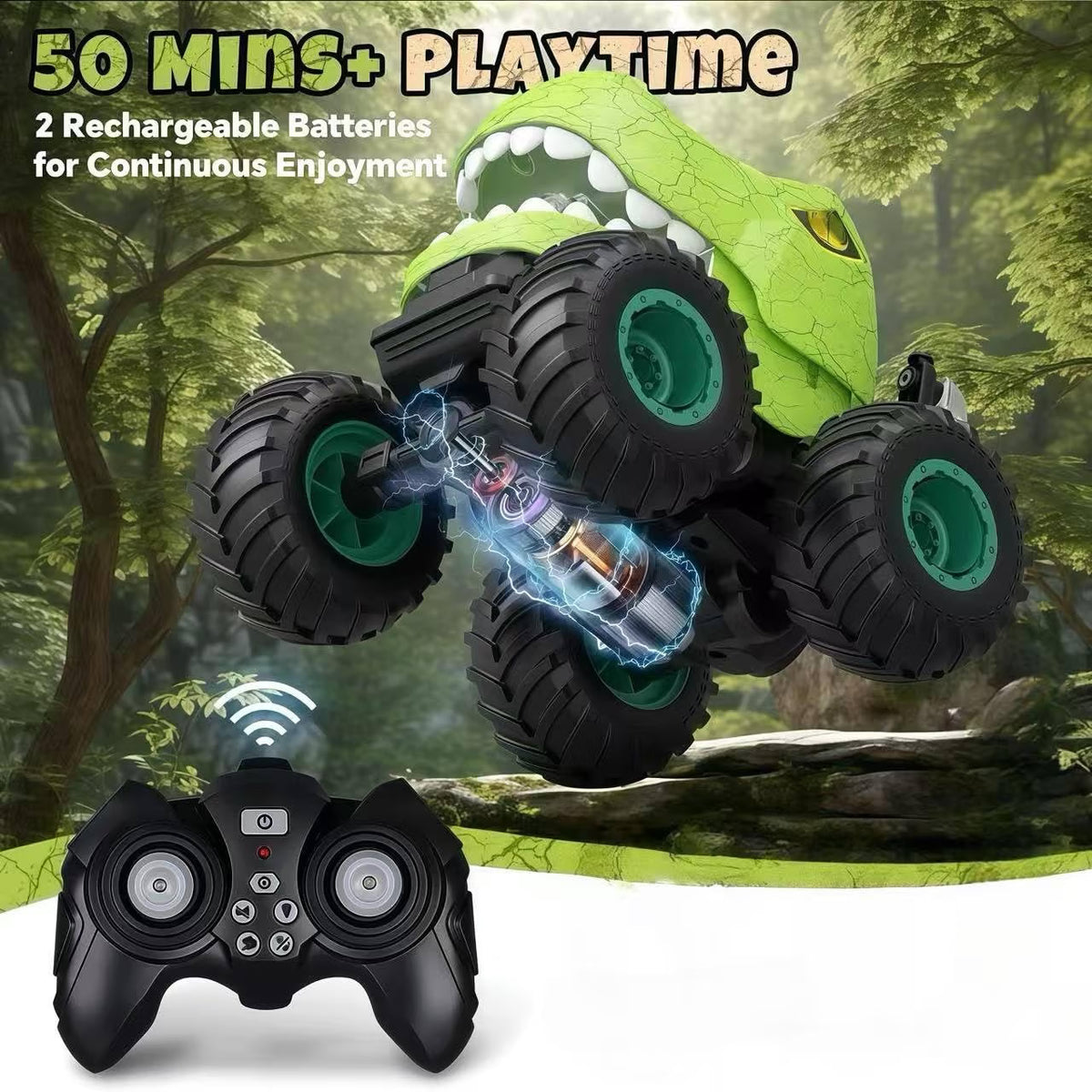 Drefirsa Dinosaur Monster Truck RC Car for Kids Ages 4-7, Remote Control Stunt Car with 360° Spin, 90° Two-Wheel Drive, Lights, Smoke Spray & Music, Green
