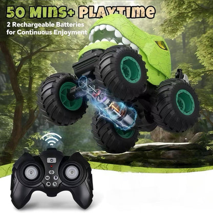 Drefirsa Dinosaur Monster Truck RC Car for Kids Ages 4-7, Remote Control Stunt Car with 360° Spin, 90° Two-Wheel Drive, Lights, Smoke Spray & Music, Green