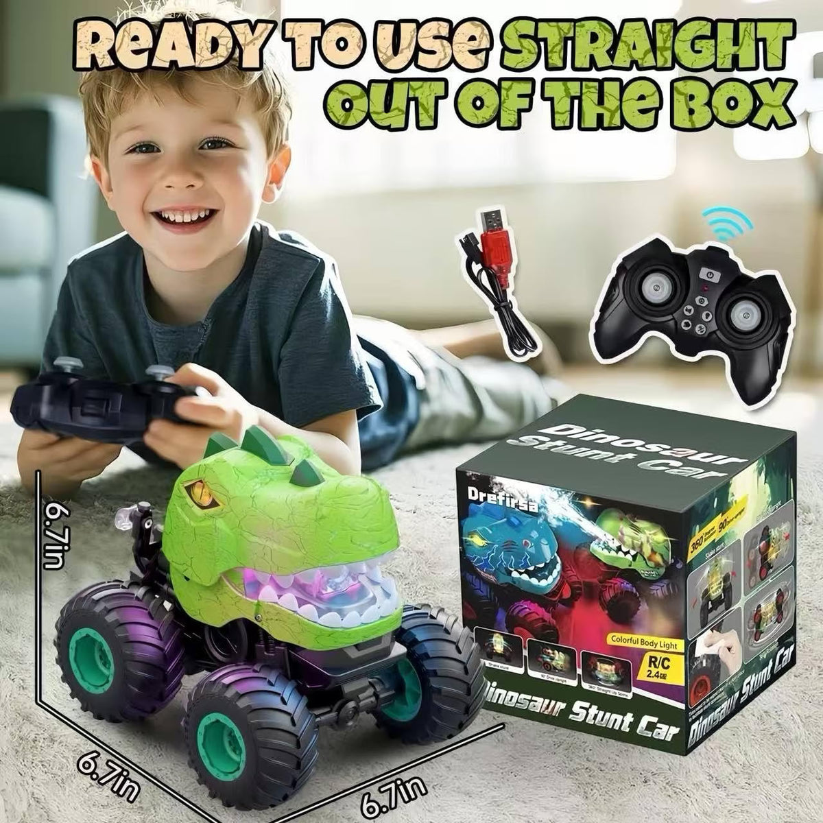 Drefirsa Dinosaur Monster Truck RC Car for Kids Ages 4-7, Remote Control Stunt Car with 360° Spin, 90° Two-Wheel Drive, Lights, Smoke Spray & Music, Green