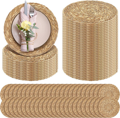 Aneco 100 Pack 12-Inch Round Woven Placemats Natural Hand-Woven Boho Rattan Wicker Bulrush Placemat Farmhouse Rustic Braided Table Mats for Dining & Kitchen Decor