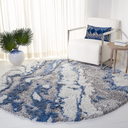 SAFAVIEH Horizon Shag Collection Area Rug - 9' Round, Grey/Blue, Geometric Design, Ideal for High Traffic Areas in Living Room, Bedroom, Dining (HZN890G)