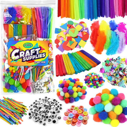Carl & Kay Arts & Crafts Supplies Kit for Kids & Toddlers, 1,750-Piece Craft Materials Set with Pipe Cleaners, Popsicle Sticks, Googly Eyes, Pom Poms, Feathers, Buttons & Sequins
