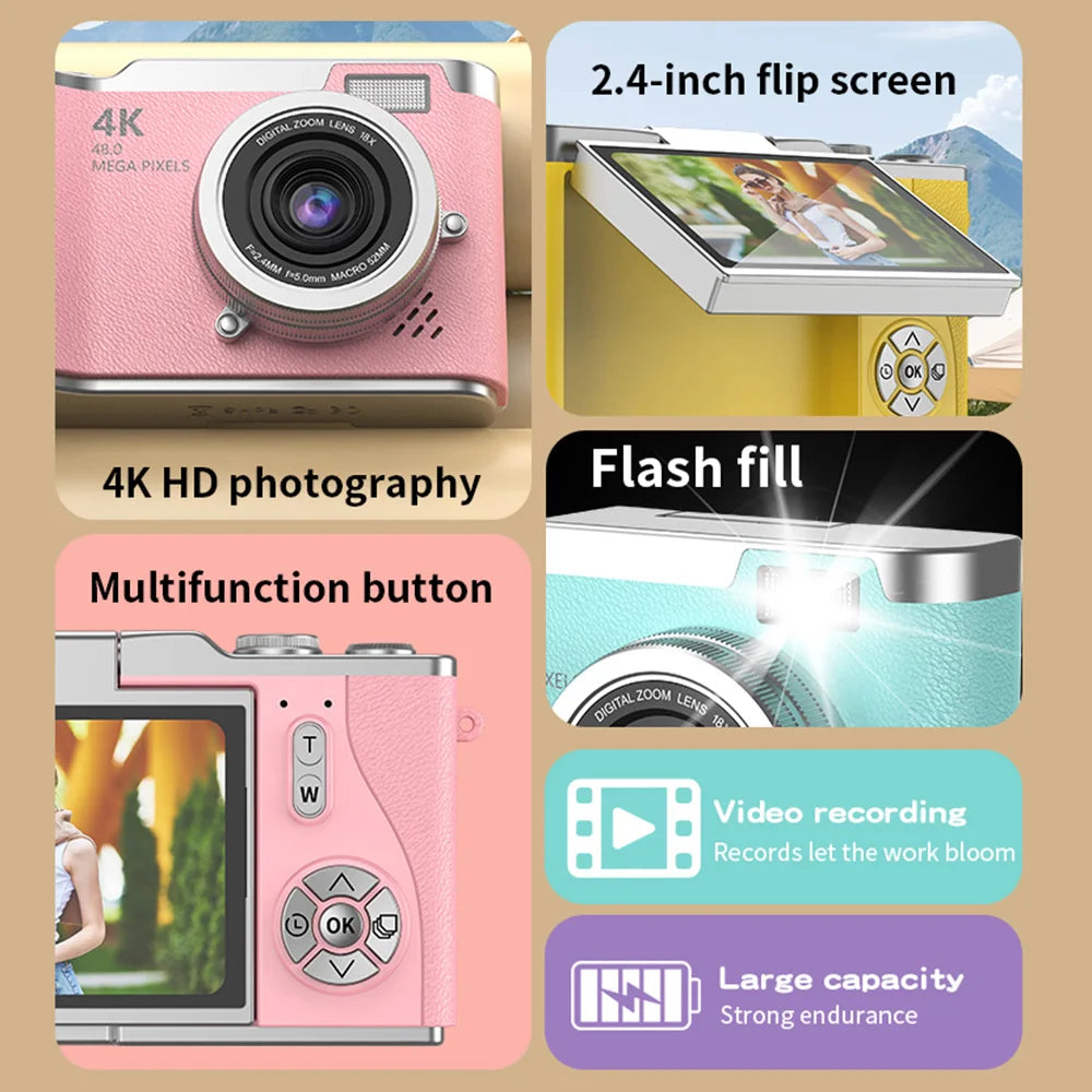 HyperionFlo Essentials 4K Digital Camera, 48MP HD Compact Camera with 180° Flip Screen, 8X Digital Zoom, CCD Sensor & 32GB Memory Card