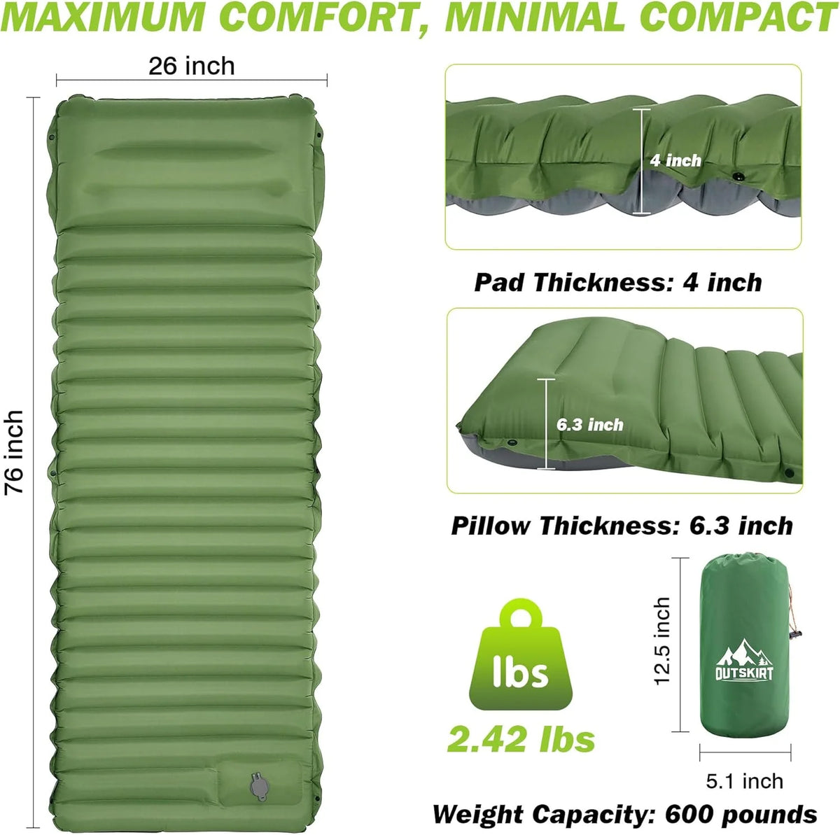 HyperionFlo Essentials Extra Thick 4-Inch Camping Sleeping Pad, Self-Inflating Outdoor Mattress with Built-In Pump, Spliceable TPU Nylon Mat for Hiking & Fishing