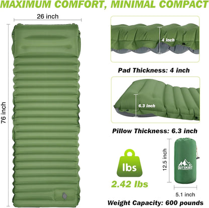 HyperionFlo Essentials Extra Thick 4-Inch Camping Sleeping Pad, Self-Inflating Outdoor Mattress with Built-In Pump, Spliceable TPU Nylon Mat for Hiking & Fishing
