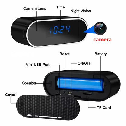 HyperionFlo Essentials WiFi Mini Clock Camera, 1080P Full HD Remote Viewing Camera with Motion Detection, Infrared Night Vision & 18650 Battery