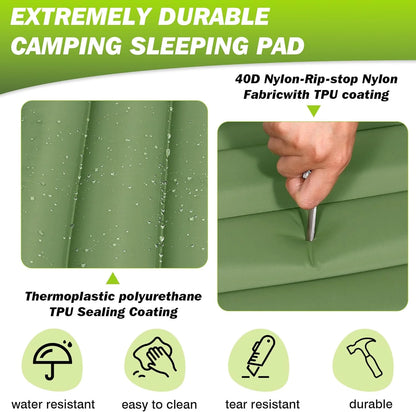HyperionFlo Essentials Extra Thick 4-Inch Camping Sleeping Pad, Self-Inflating Outdoor Mattress with Built-In Pump, Spliceable TPU Nylon Mat for Hiking & Fishing