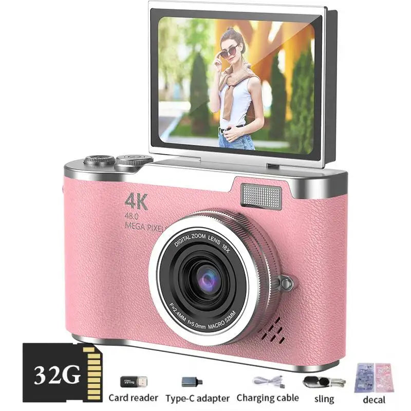 HyperionFlo Essentials 4K Digital Camera, 48MP HD Compact Camera with 180° Flip Screen, 8X Digital Zoom, CCD Sensor & 32GB Memory Card