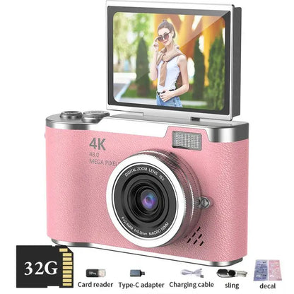 HyperionFlo Essentials 4K Digital Camera, 48MP HD Compact Camera with 180° Flip Screen, 8X Digital Zoom, CCD Sensor & 32GB Memory Card