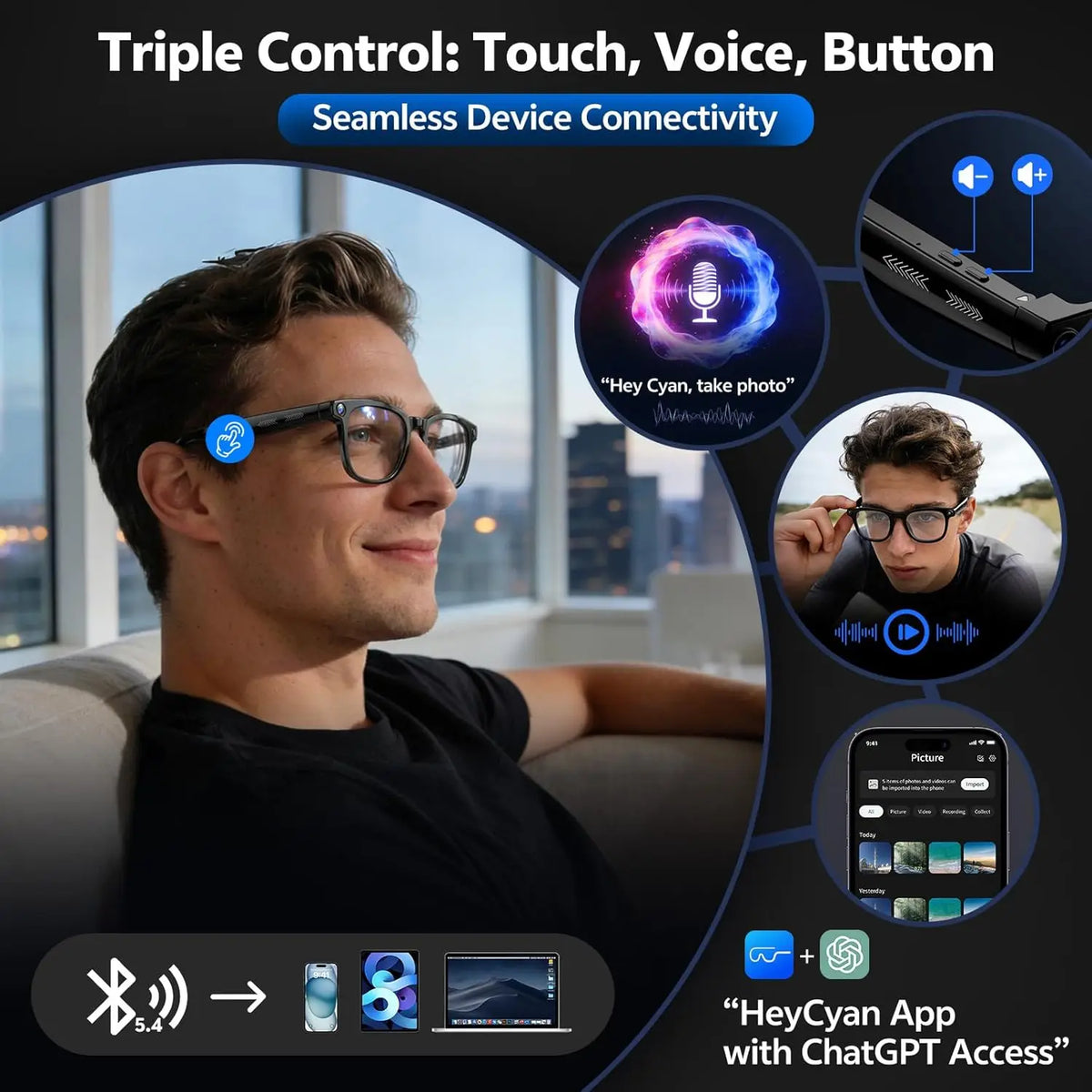 HyperionFlo Essentials Smart AI Glasses, 8MP HD Camera, 1080P Video Recording, Bluetooth 5.3, WiFi, AI Translation & Audio Calls