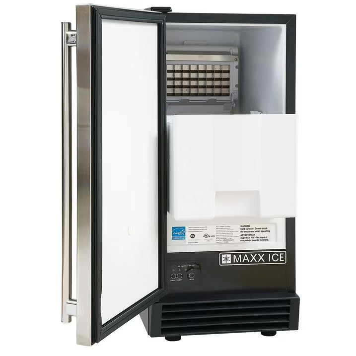 Maxx Ice 60 lb Freestanding Icemaker, Stainless Steel & Black Clear Ice Maker with 25 lb Storage Bin, Front-Breathing Built-In or Freestanding Design, Self-Cleaning