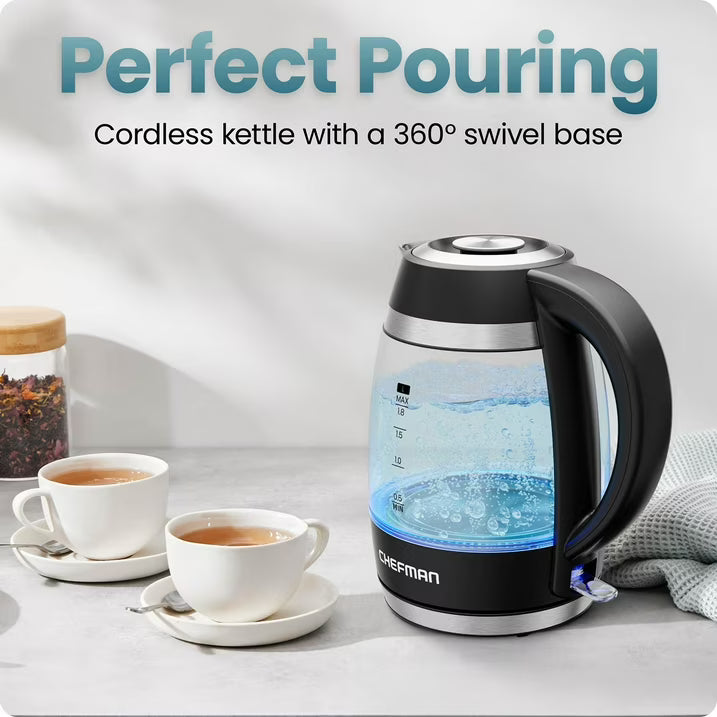 Chefman Fast-Boil 1.8L Electric Kettle with Removable Tea Infuser, 1500W Rapid Boil, Borosilicate Glass, 360° Swivel Base, Blue LED, Automatic Shutoff