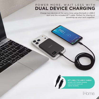 iHome 5000mAh Magnetic Power Bank, MagSafe Compatible Portable Charger with 20W Power Delivery, LCD Battery Display & 6-Ft USB-C Cable