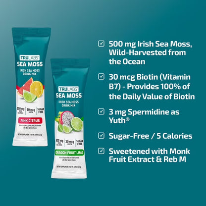 TruLabs Sea Moss Drink Mix Powder, Pink Citrus & Dragon Fruit Lime, 30 Ct.