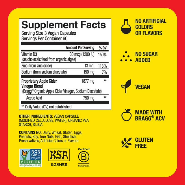 Bragg Apple Cider Vinegar Capsules with Vitamin D & Zinc, 180 Ct.