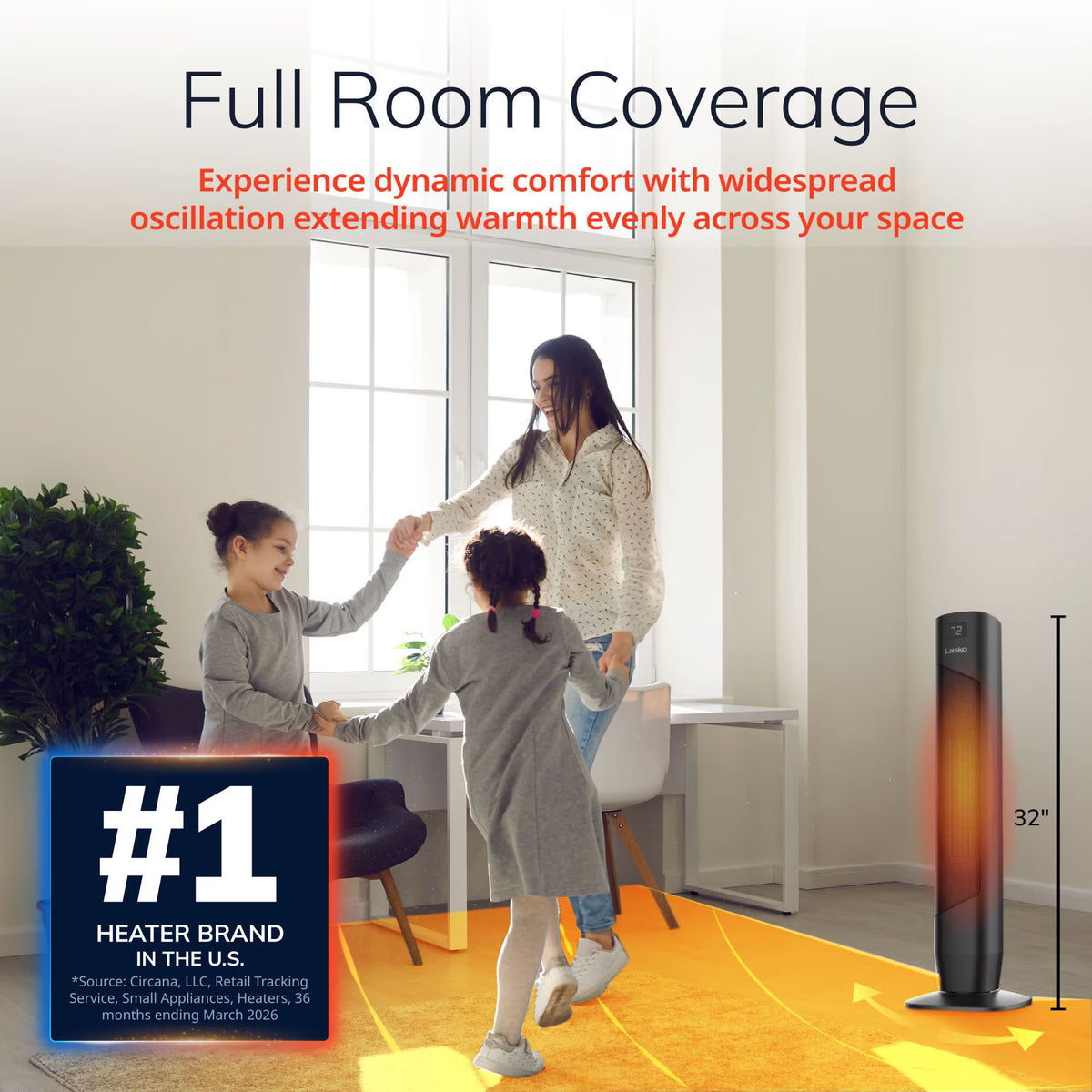 Lasko 32" Oscillating Ceramic Tower Space Heater with Remote, 1500W Digital Electric Heater with 3 Heat Settings, 12-Hour Timer, Adjustable Thermostat & Widespread Oscillation