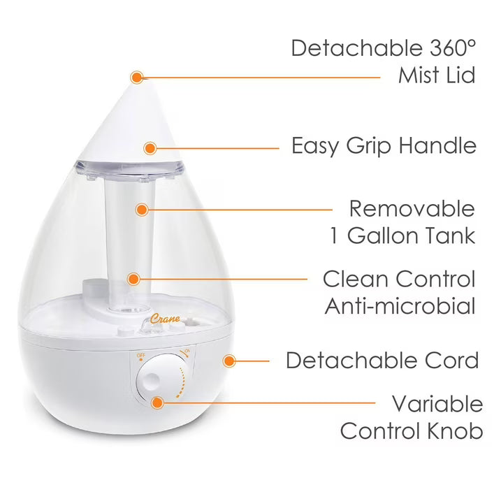 Crane Drop Ultrasonic Cool Mist Humidifier, 1-Gallon Tank, Up to 24 Hours, Whisper-Quiet Cool Mist for Rooms Up to 500 Sq. Ft., Auto Shut-Off