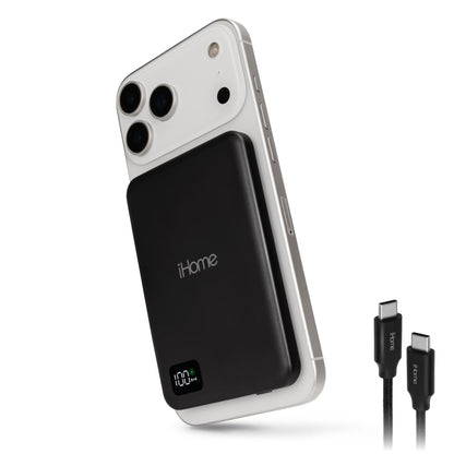 iHome 5000mAh Magnetic Power Bank, MagSafe Compatible Portable Charger with 20W Power Delivery, LCD Battery Display & 6-Ft USB-C Cable