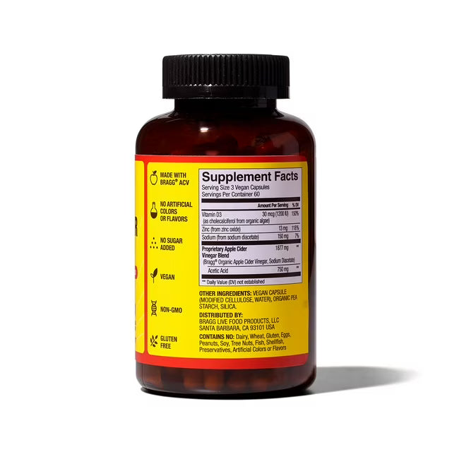 Bragg Apple Cider Vinegar Capsules with Vitamin D & Zinc, 180 Ct.