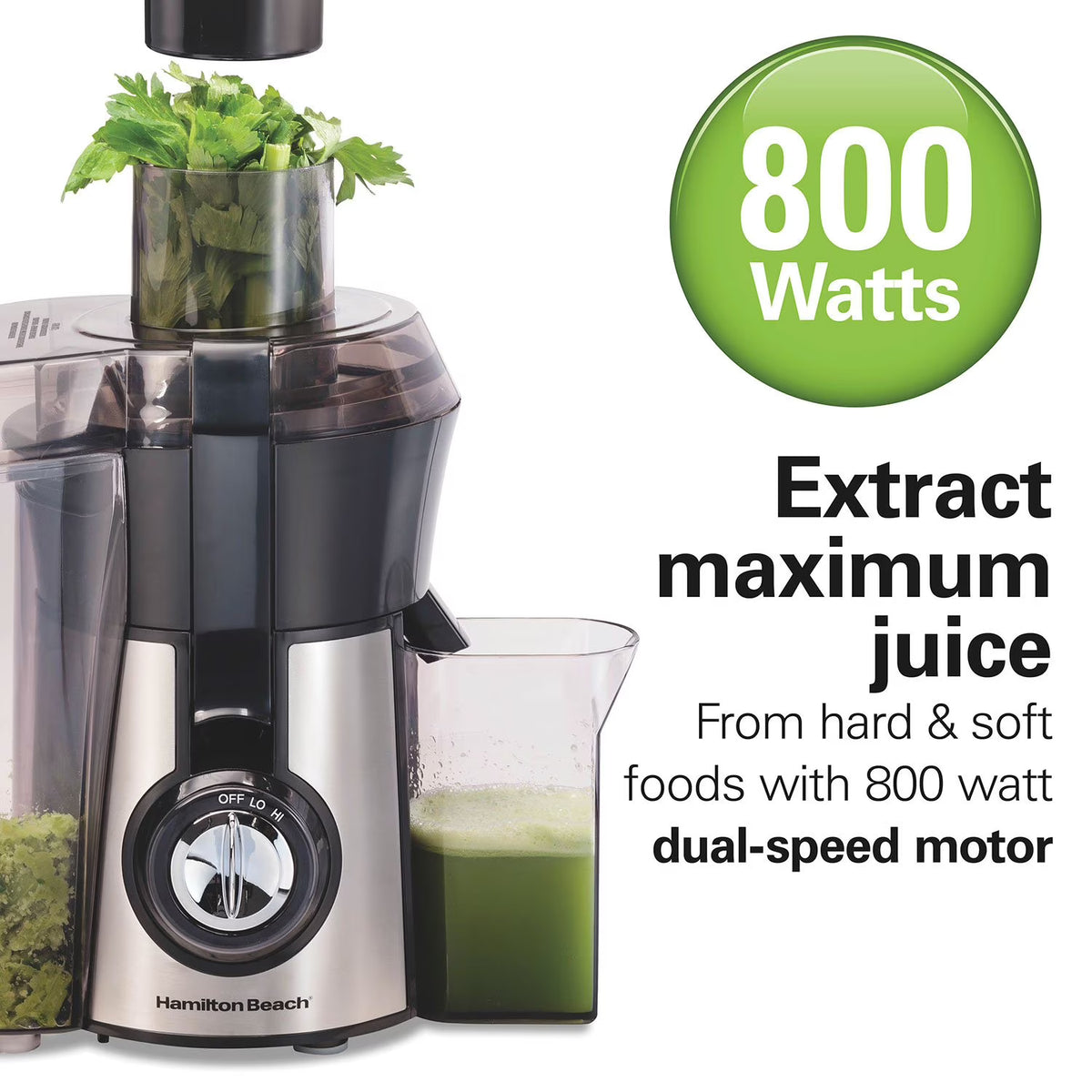 Hamilton Beach 800 Watt Easy Clean Juice Extractor, Easy Sweep Cleaning Tool, 3-Inch Extra-Large Feed Chute, 80 Oz. Pulp Bin, Dual-Speed Juicer