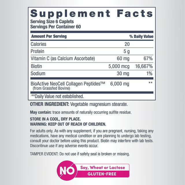NeoCell Grassfed Collagen Peptides + Vitamin C & Biotin Caplets, 360 Count, 6,000 mg Collagen Peptides with Vitamin C & Biotin