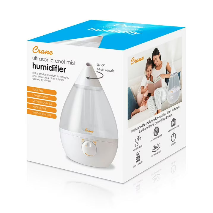 Crane Drop Ultrasonic Cool Mist Humidifier, 1-Gallon Tank, Up to 24 Hours, Whisper-Quiet Cool Mist for Rooms Up to 500 Sq. Ft., Auto Shut-Off