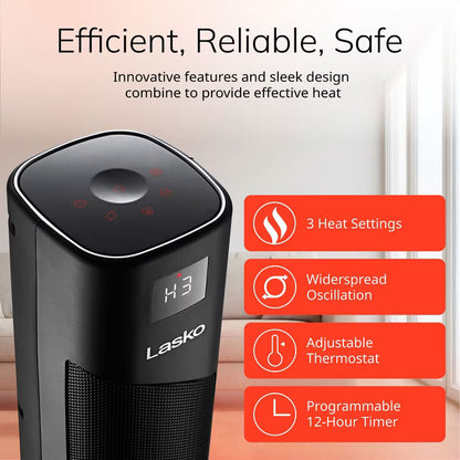 Lasko 32" Oscillating Ceramic Tower Space Heater with Remote, 1500W Digital Electric Heater with 3 Heat Settings, 12-Hour Timer, Adjustable Thermostat & Widespread Oscillation