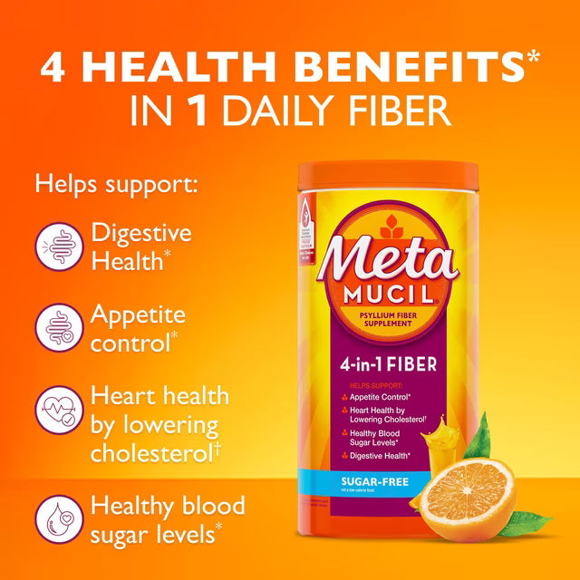 Metamucil 4-in-1 Psyllium Fiber Powder, Sugar-Free, Orange, 2-Pack