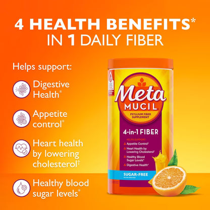 Metamucil 4-in-1 Psyllium Fiber Powder, Sugar-Free, Orange, 2-Pack