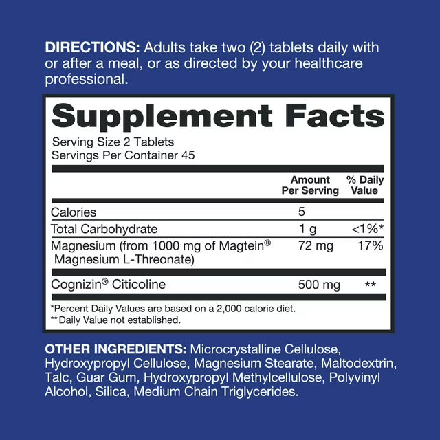 Qunol Brain Health Magnesium L-Threonate Tablets with Citicoline, 90 Ct.