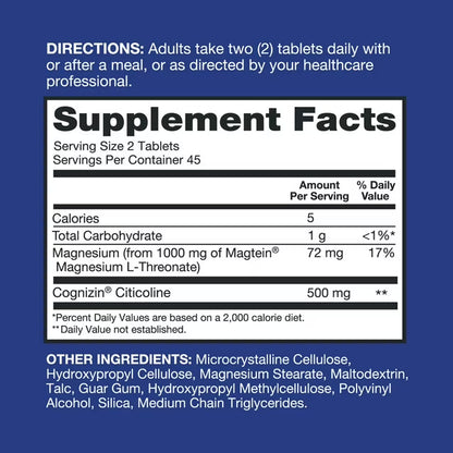 Qunol Brain Health Magnesium L-Threonate Tablets with Citicoline, 90 Ct.