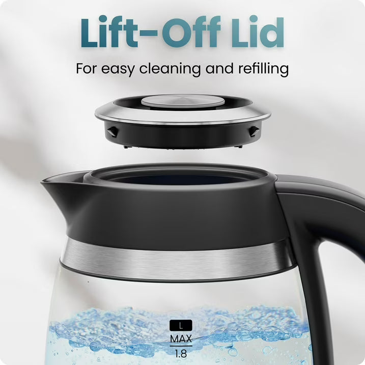 Chefman Fast-Boil 1.8L Electric Kettle with Removable Tea Infuser, 1500W Rapid Boil, Borosilicate Glass, 360° Swivel Base, Blue LED, Automatic Shutoff